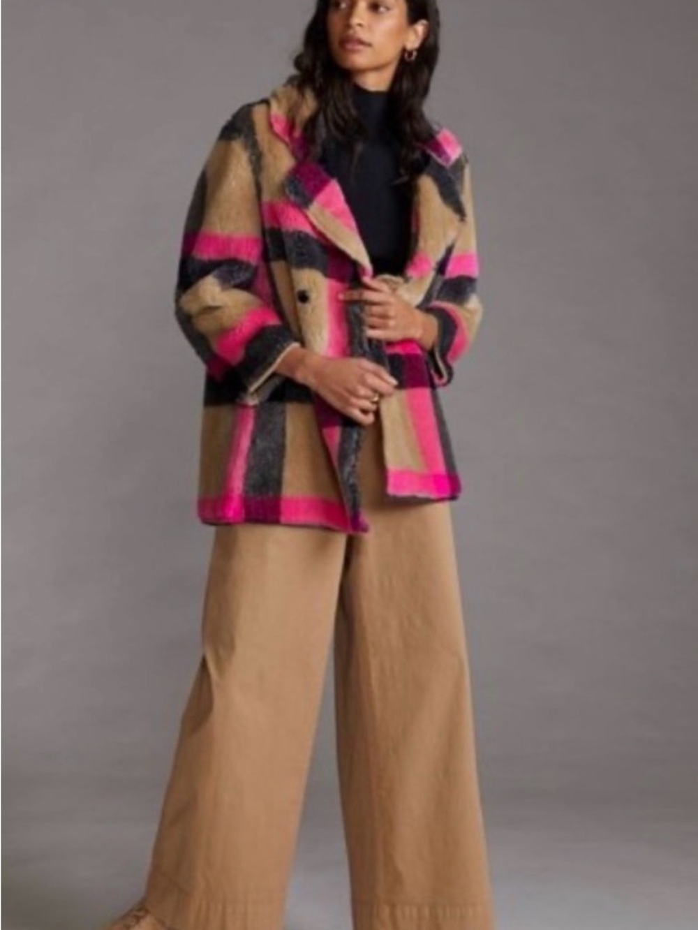Anthropologie Hooded Plaid Teddy Coat in Pink, Tan & Gray - Picture 2 of 5
